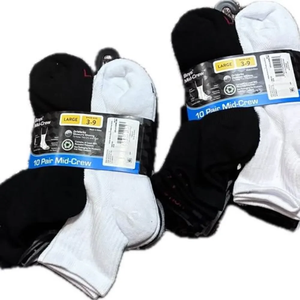 Athletic Works Boys Mid-Crew Socks- Two 10 Pair Packs - Large Shoe Size 3-9